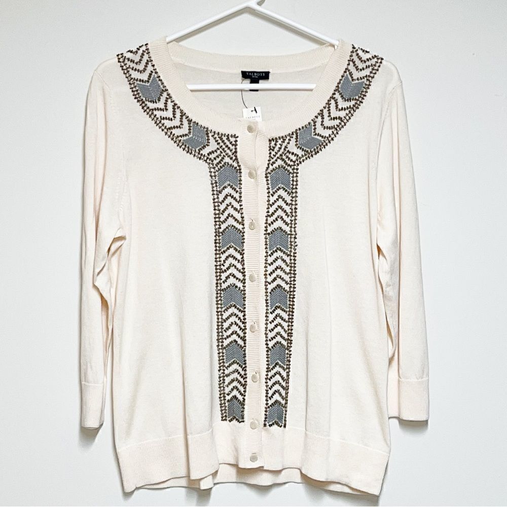 NWT Talbots Beaded Aztec Boho Button Down Cardigan Sweater Size Large Petite